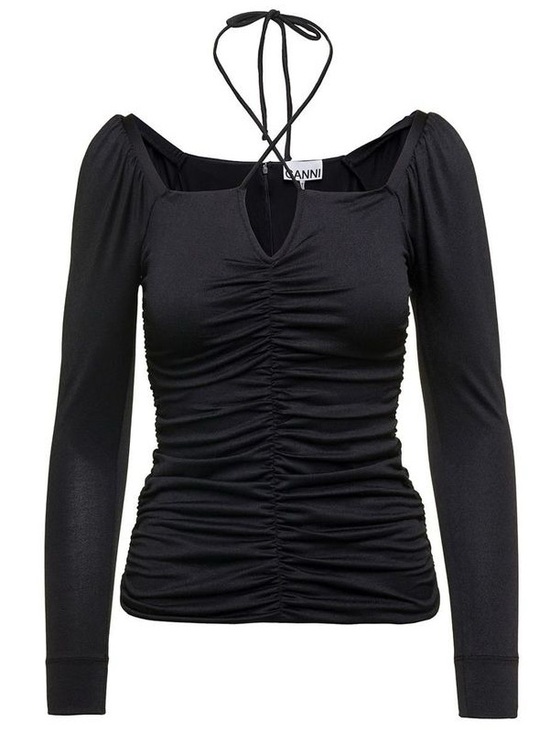 Ganni Tops - Ganni Black Ruched Long-Sleeve Halter Top